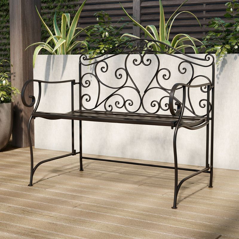 Hastings Home Folding Outdoor Bench With Scroll Design - Black, 1 of 6