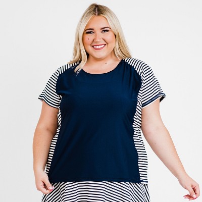 Calypsa Women's Plus Size Loose Fit Short Sleeve UPF 50+ Adele Swim Top