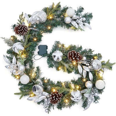 Christmas Garland with Lights, 6 Ft Silver Lighted Christmas Garland with Pine Cones Ball Ornaments for Indoor Outdoor Mantle Stairs Decorations