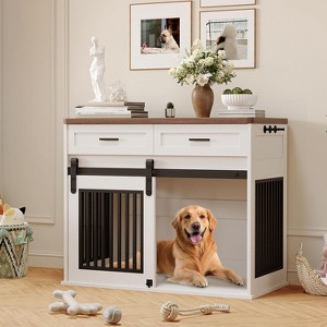 42 in Dog Crate Furniture with Storage Drawers, Wooden Double Dog Cage TV Stand with 2 Sliding Barn Doors,  (White) - 1 of 4