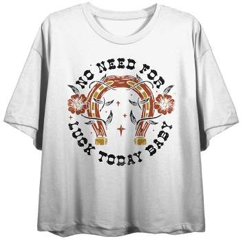 "No Need For Luck Today, Baby!" Distressed Horse Shoe Women's White Graphic Crop Tee