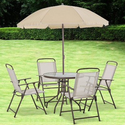 Beige 6-Piece Outdoor Dining Set with Umbrella and Folding Chairs