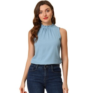 Allegra K Women's Sleeveless Frill Mock Neck Ruffle Chambray Blouse - 1 of 4
