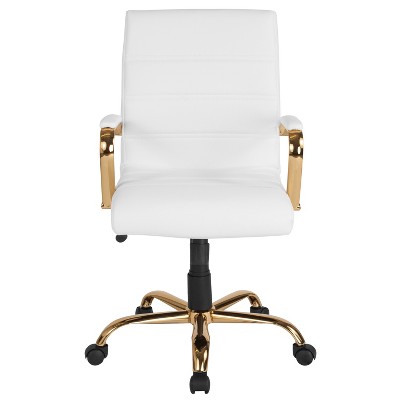 Luxurious Mid-Back White LeatherSoft Swivel Executive Chair with Gold Metal Frame