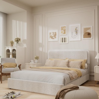 Bed Frame, Boucle Upholstered Bed Frame with Headboard, 2 Storage Drawers, Modern Twin Platform Bed Frame, Beige Soft Bed Frame
