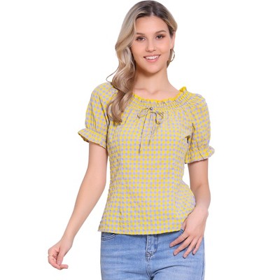 INSPIRE CHIC Women's Peasant Round Neck Ruffles Puff Sleeve Gingham Plaid Blouse