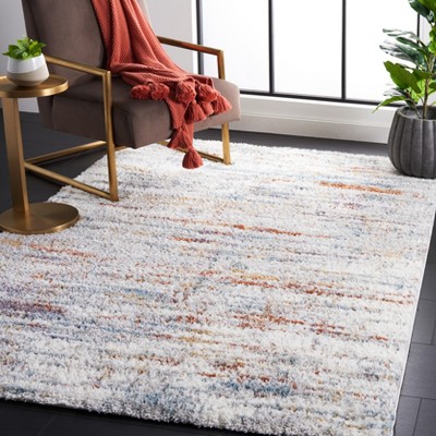 Ivory and Blue Synthetic Shag Area Rug, 7' Square