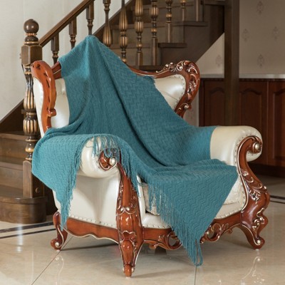 Blue Chevron Pattern Knit Throw Blanket with Fringe
