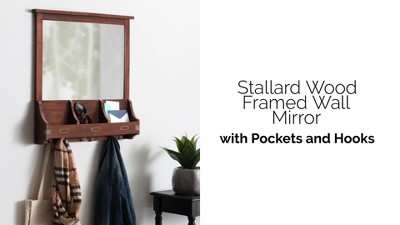 Walnut Brown Solid Wood Square Wall Organizer with Mirror and Hooks