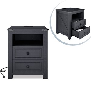 Vipbear Night Stand with Charging Station Rustic 18 Inch Bedside Table with 2 Storage Drawers and Open Shelf,Modern Wood End Table for Bedroom - 1 of 4