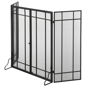HOMCOM 3-Panel 49.25" W x 31.5" H Metal Mesh Screen Fireplace with Foldable Steel Spark Guard and Magnetic Doors, Black - 1 of 4