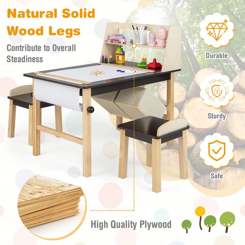 Costway Kids Art Table & Chairs Set Wooden Drawing Desk with Paper Roll Storage Shelf Bins, 5 of 11