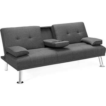 Tangkula Fabric Folding Convertible Futon Sofa Bed with 2 Cup Holders Dark/Light Gray