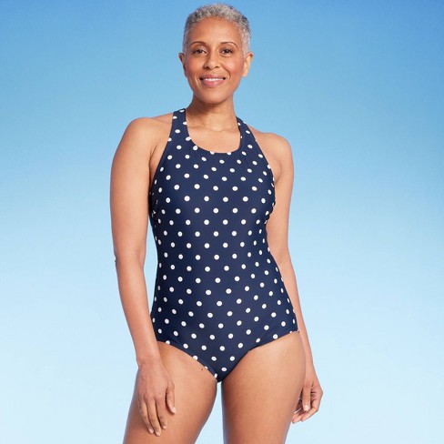 Lands' End Women's UPF 50 Full Coverage Polka Dot High Neck Tugless One  Piece Swimsuit - Navy Blue XL