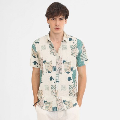 Campus Sutra Men Men's Forest Green & Bone Beige Abstract Seersucker Shirt