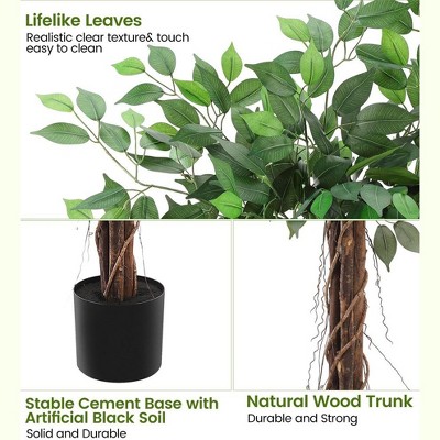 5ft Green Silk Artificial Ficus Tree in White Plastic Pot