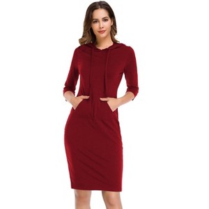 Coolmee Women Three-Quarter Sleeve Stripe Knee Length Slim Pullover Hoodie Wrap Dress With Pocket - 1 of 4