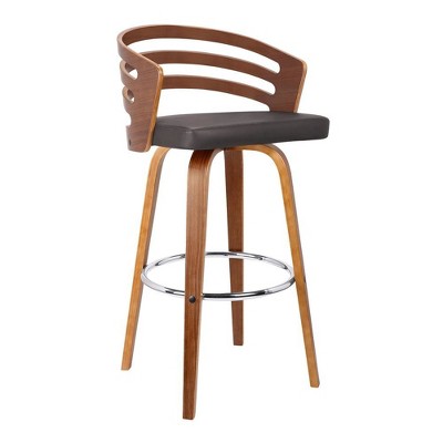 FurniFact,Swivel Counter Bar Stool with Brown Faux Leather and Walnut Veneer Back