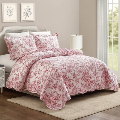 Red Full/Queen Cotton Reversible Quilt Set with Floral Print