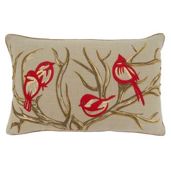 Saro Lifestyle Embroidered Bird + Branch Pillow - Poly Filled, 14"x22" Oblong, Natural
