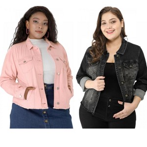 Women's Plus Size 2 Pieces Classic Denim Front Frayed Casual Long Sleeve Fashion Jean Jackets - Agnes Orinda - 1 of 4