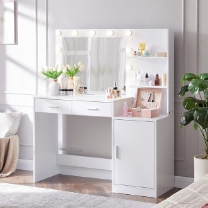 Lycvki 46.4 in Vanity Desk with Adjustable Lights Mirror and Large Drawer - 1 of 4