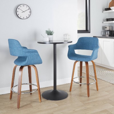 Set of 2 Blue Swivel Walnut Wood Counter Stools