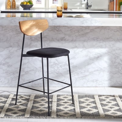 Mid-Century Oak and Black Iron Saddle Counter Stool