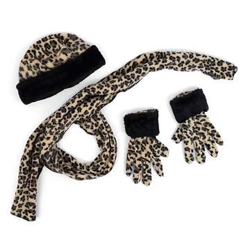 Girl's 6-12 Brown Fleece Leopard Print with Fur 3-Piece gloves scarf Hat Winter Set