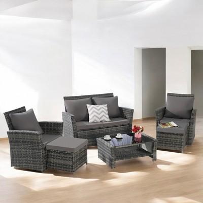 Mshliw 6-Piece Wicker Patio Furniture Set with Ottoman & Tempered Glass Coffee Table – Rattan & Cushions for Outdoor Garden, Patio, or Balcony