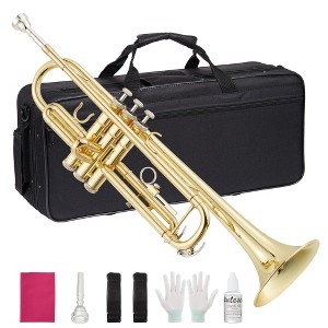 Professional Standard Trumpet for Beginners & Students - Gold Lacquer Brass with Hard Case, Mouthpiece, Cleaning Kit, Gloves & Polish Cloth - 1 of 4