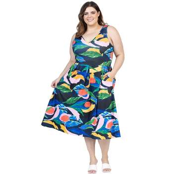 24seven Comfort Apparel Plus Size Midi Length Multicolor Sleeveless Pleated Pocket Dress