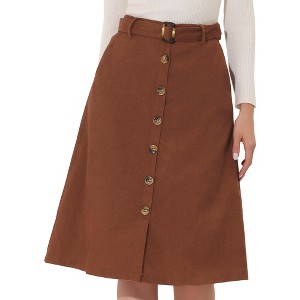 Allegra K Women's High Waist Solid Button Front A-Line Belted Corduroy Midi Skirt - 1 of 4