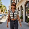 Knit & Lounge Women’s Striped Knit Crop Top Short Sleeves Front Tie Detail V-Neck Slim Fit Casual Pullover - 2 of 4