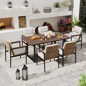 HAPPATIO 7 Piece Patio Dining Set Outdoor, 6 Wicker Chairs with Aluminum Frame and Olefin Cushions, Wooden Dining Table for Backyard Garden Porch - 1 of 4