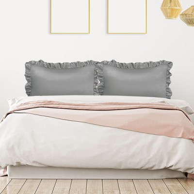 2 Pcs King Silk Satin Ruffled Pillowcase Deep Grey - PiccoCasa