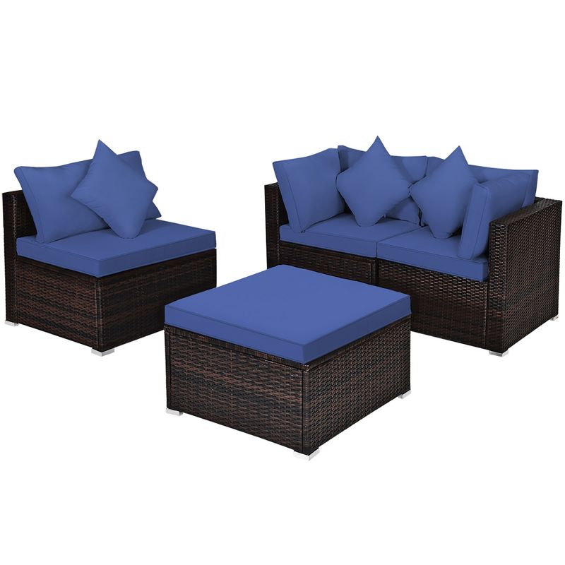 Costway 4PCS Patio Rattan Furniture Set Sofa Ottoman Cushion Garden Deck Navy, 4 of 11