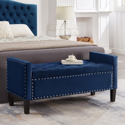 Angel Sar 48" Bed Bedroom Bench, Velvet Tufted Button Storage Bench with Nails Trim,Footrest with Armrest, Navy