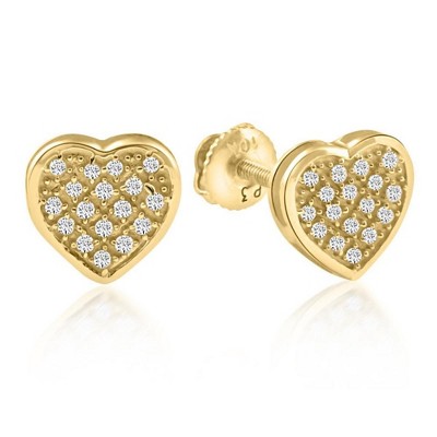 Pompeii3 Pave Diamond Heart Studs Screw Back Earrings in White or Yellow Gold 10k