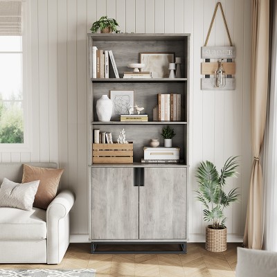 71" Tall Bookcase w/ Doors & Metal Base, 5-Tier Bookshelf with Cabinet & Adjustable Shelf, Wooden Book Shelf for Living Room Office Library