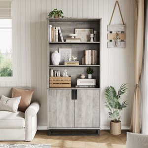 71" Tall Bookcase w/ Doors & Metal Base, 5-Tier Bookshelf with Cabinet & Adjustable Shelf, Wooden Book Shelf for Living Room Office Library - 1 of 4