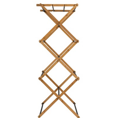 Compact Bamboo and Black Folding Clothes Drying Rack