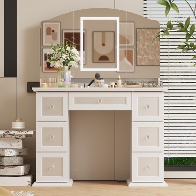 FUFU&GAGA White Vanity Table with Arched Three-in-One Mirror and Adjustable Lighting Perfect Makeup Companion