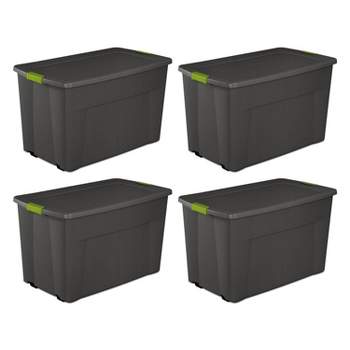 Sterilite 45 Gallon Heavy Duty Plastic Stackable Storage Container Tote with Wheels and Latching Indexed Lid for Home Organization