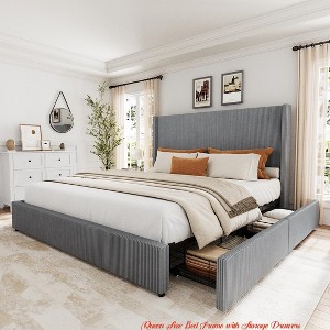 Queen/King Size Bed Frame w/ Storage Drawers, Corduroy Upholstered Platform Bed w/ Wingback and Tufted Headboard - 1 of 4