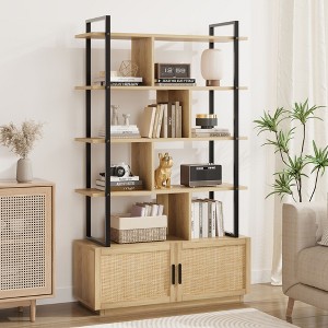 5-Tier Bookshelf with Storage Cabinet & Rattan Doors, 71.1" Industrial Bookcase with Metal Frame, Open Display Shelves for Home Office, Natural - 1 of 4