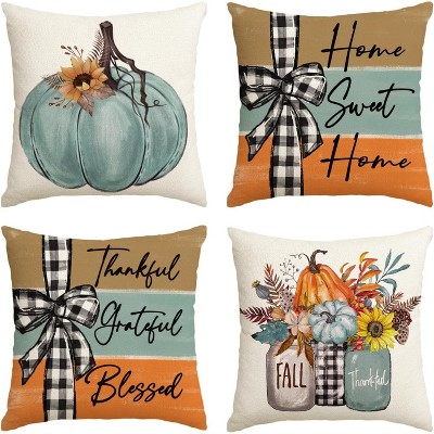 Attop Fall Pumpkin Home Sweet Home Throw Pillow Covers, 18 x 18 Inch Autumn Thankful Grateful Blessed Harvest Floral