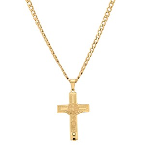 Steeltime 24" Men's 18k gold plated stainless steel St. Benedict crucifix pendant with greek key accents - 1 of 4