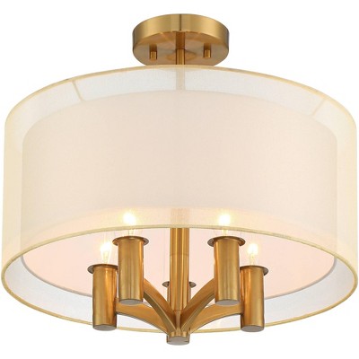 Warm Brass and White Drum Shade Semi Flush Mount Ceiling Light