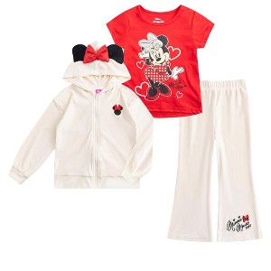 Disney Minnie Mouse Girls Velour Zip Up Sequin Hoodie, T-Shirt, and Flared Pants Set for Toddler to Big Kids - 1 of 4